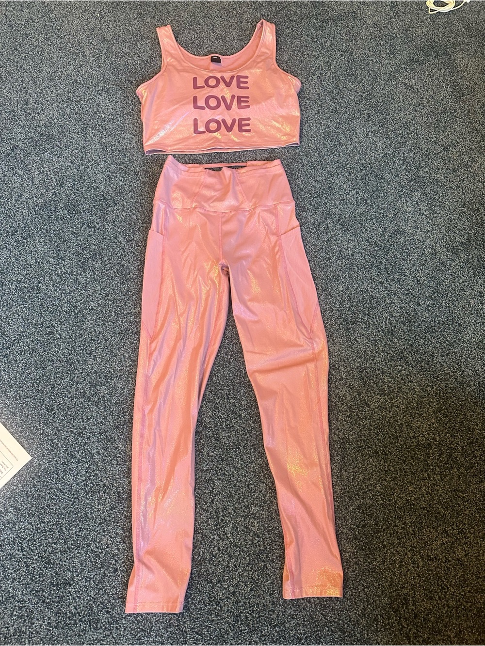 Electric Yoga pink sparkle set top with bra (large) and leggings medium) $160